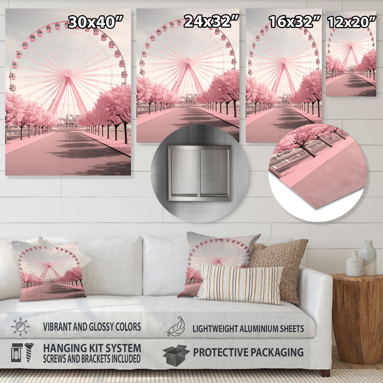Ebern Designs Pink Ferris Wheel Magical Spin II On Metal Print